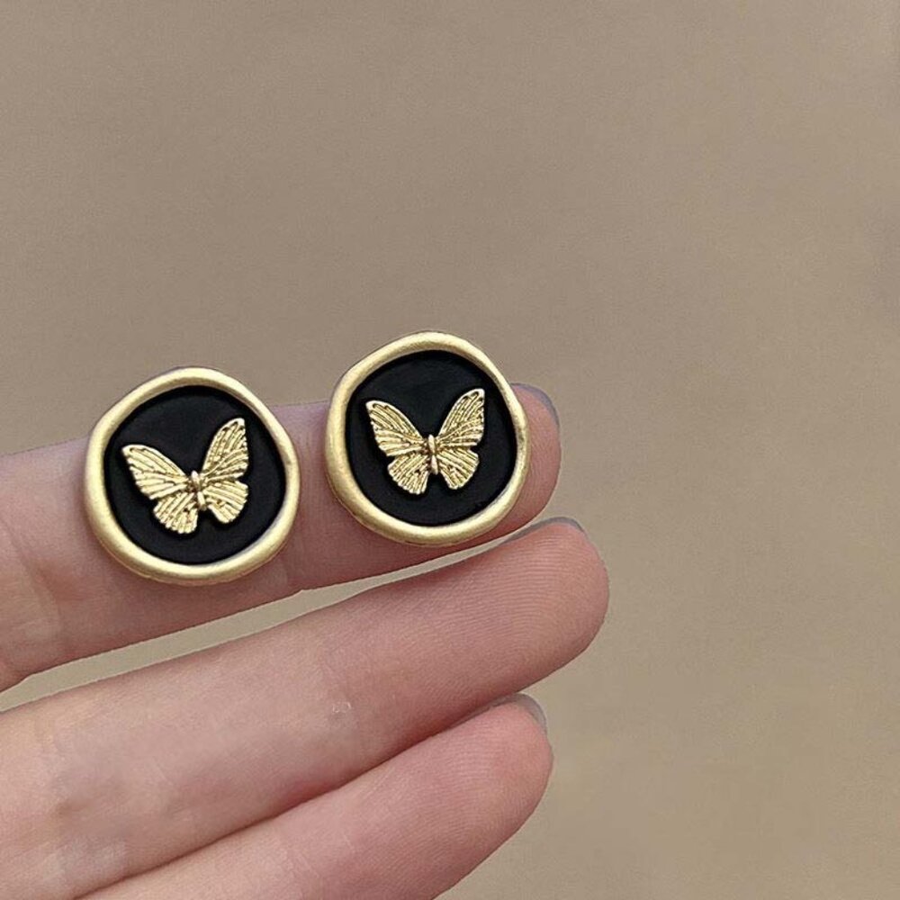 Women’s Black Circle Stud Earrings with Gold Trim & Butterfly Silver Needle Post